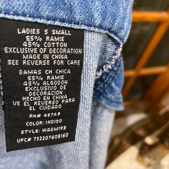 Jean jacket by Outbrook size ladies Small 24” long 23” armpit to armpit - Picture 2 of 13